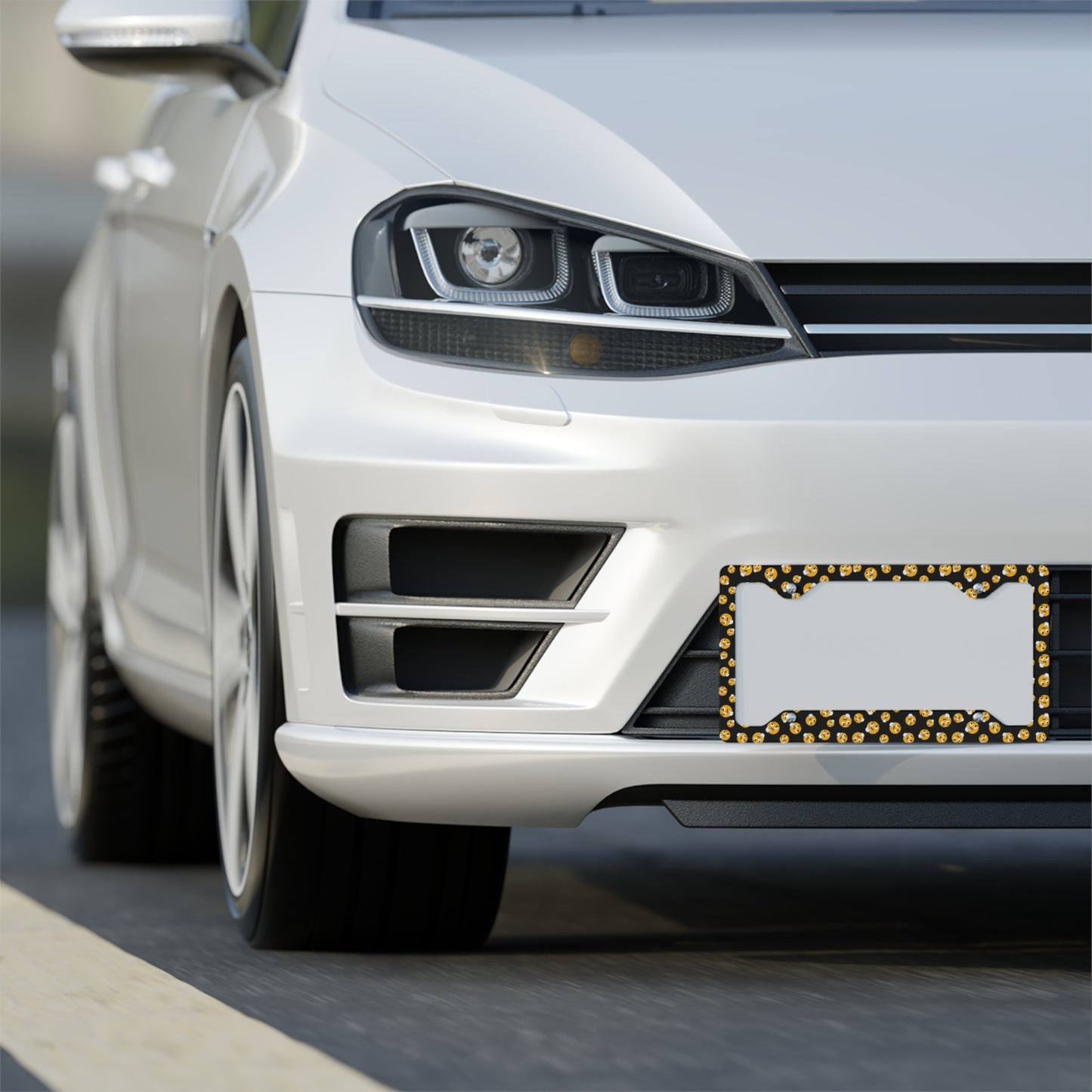 Gold Smiley Face Metal License Plate Frame — Cute Emoji Car Accessory