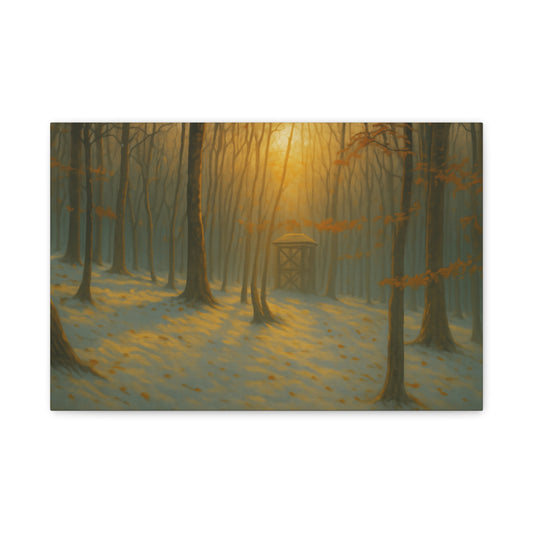 Matte stretched canvas print of Misty Forest Sunrise artwork, featuring a serene forest scene with sunrise colors, by Printify.