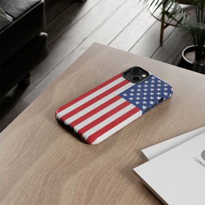 American flag tough phone case for iPhone, durable patriotic cover with bold flag design, made by Printify.