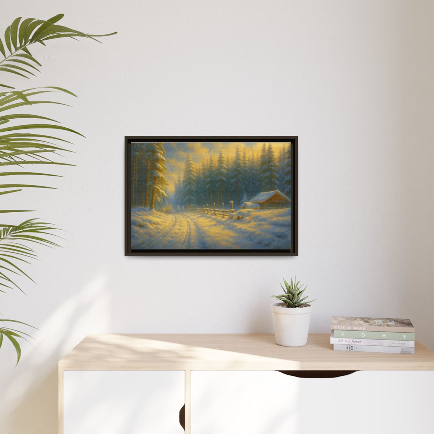 Framed winter cabin canvas print featuring a snowy forest sunset, wall art by Printify showcasing cozy woodland scenery.