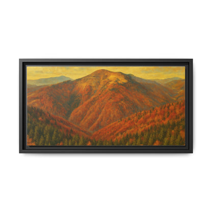 Autumn Mountain matte canvas framed wall art by Printify showing a scenic mountain landscape with fall foliage.