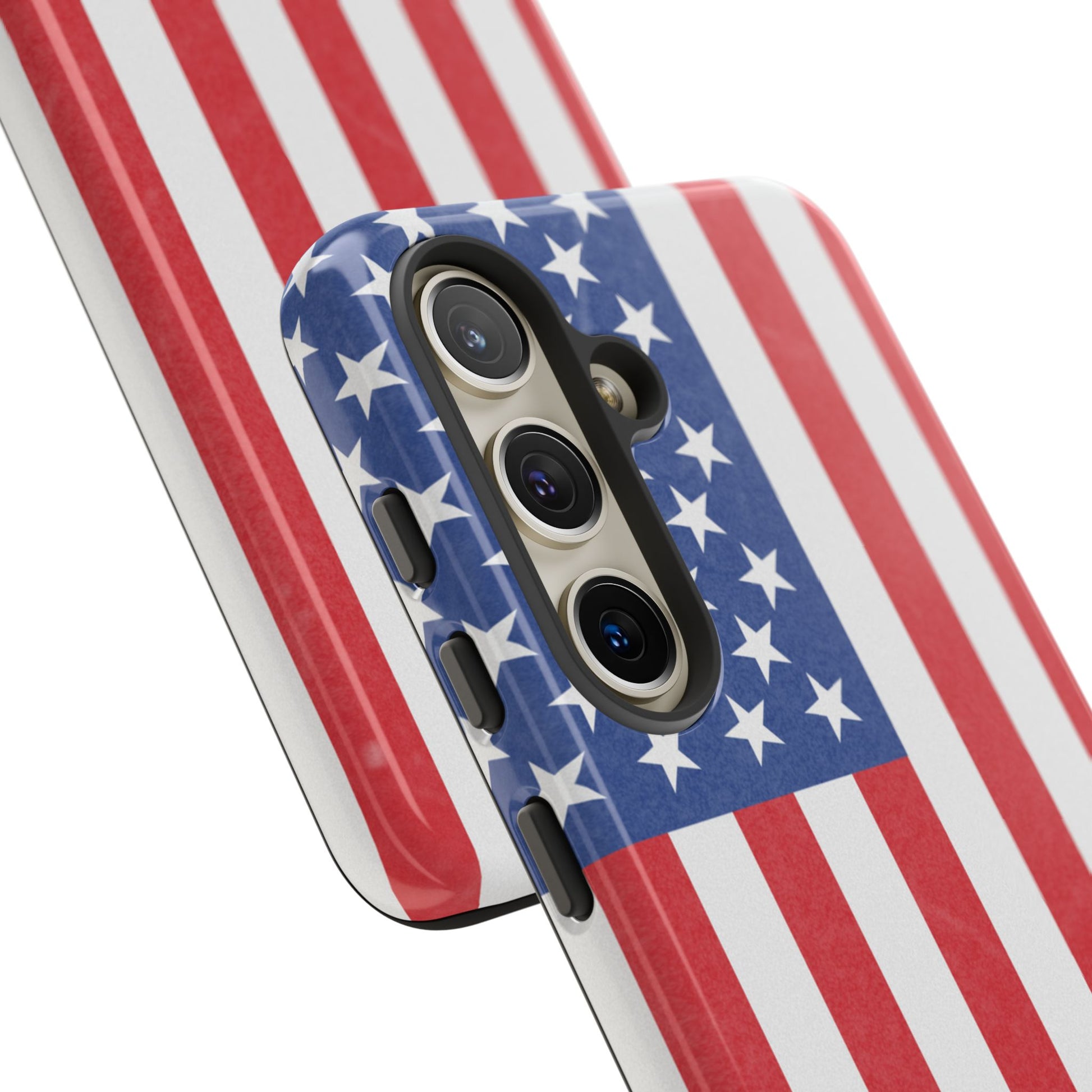 American flag tough phone case for iPhone and Samsung, patriotic protective cover with bold flag design by Printify.