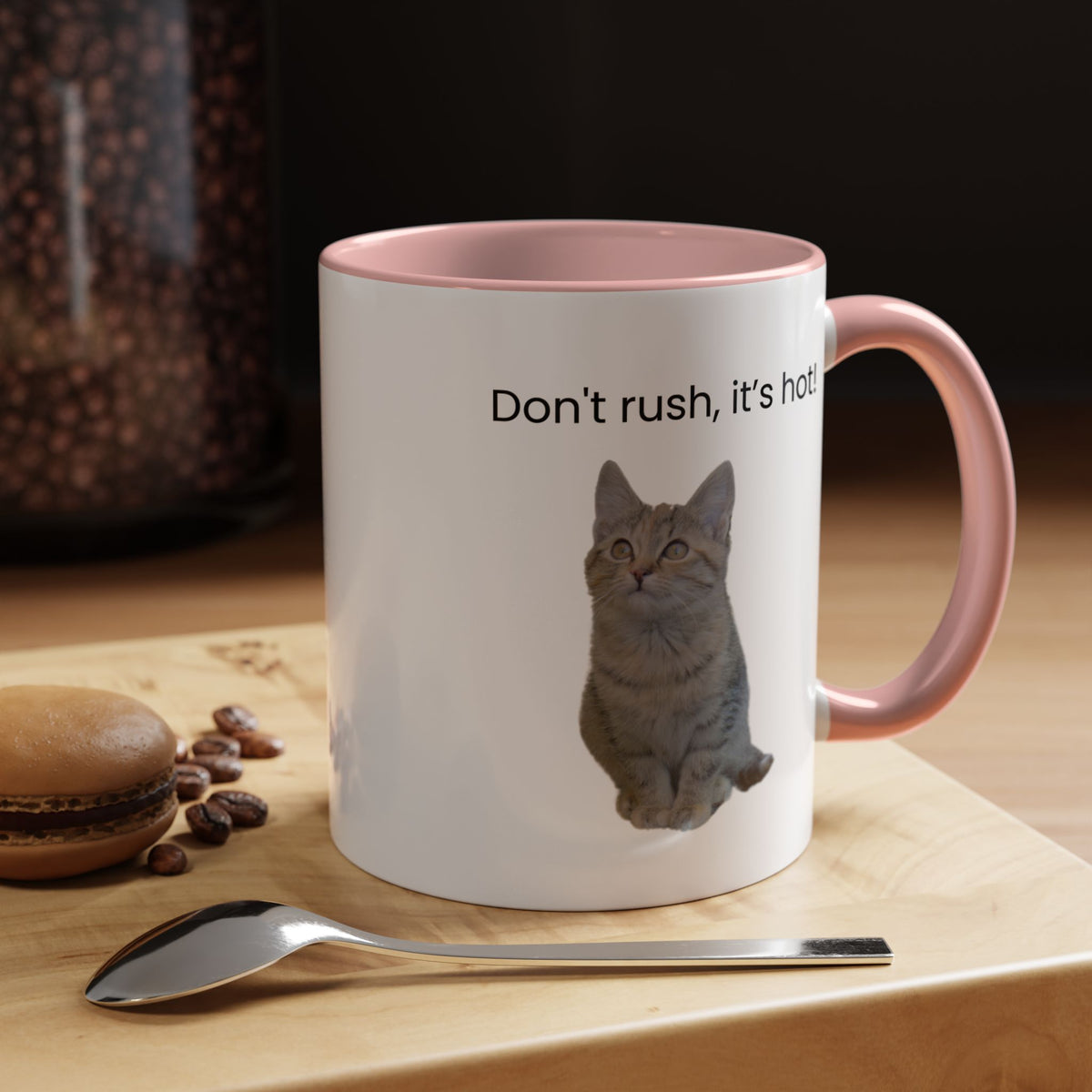 Ceramic cat coffee mug with "Don't rush, it's hot!" slogan, 11 oz, white interior, perfect for hot beverages.