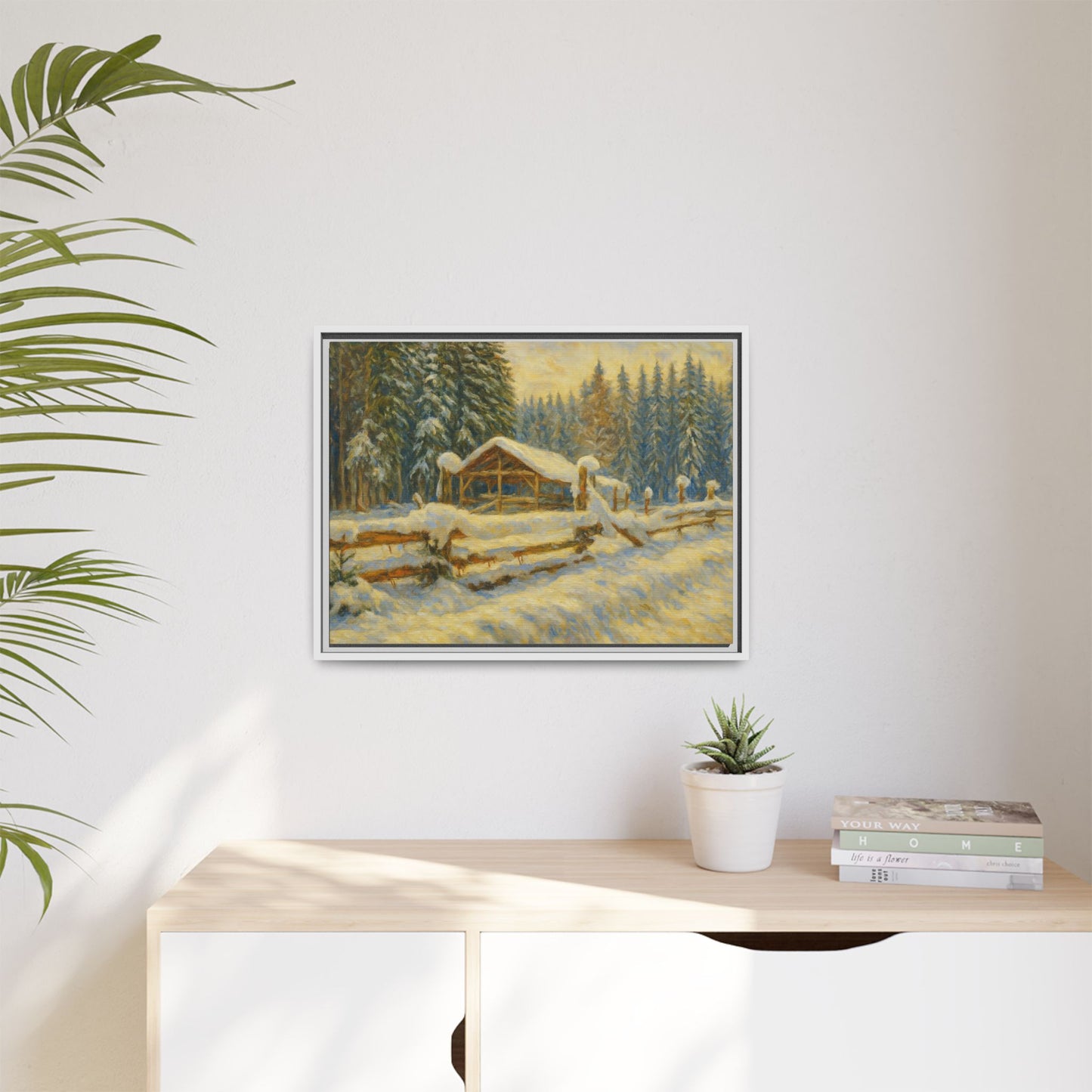 Snowy cabin matte canvas wall art depicting a winter landscape scene, perfect for cozy home decor.