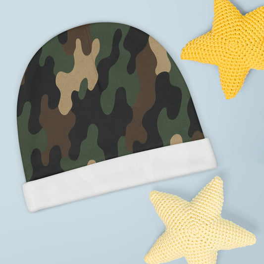 All over print camo baby beanie for newborns, soft and cozy hat perfect for baby showers and everyday wear.