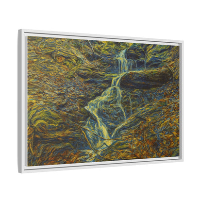 Framed matte canvas wall art featuring a scenic autumn forest with a waterfall, by Printify for nature-inspired decor.
