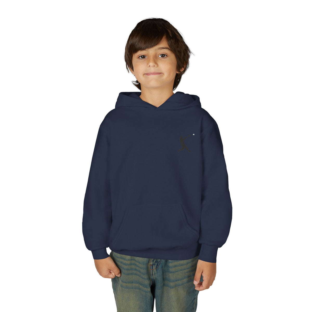 Youth baseball silhouette hoodie featuring a kids baseball player pullover in casual kids' clothing style.