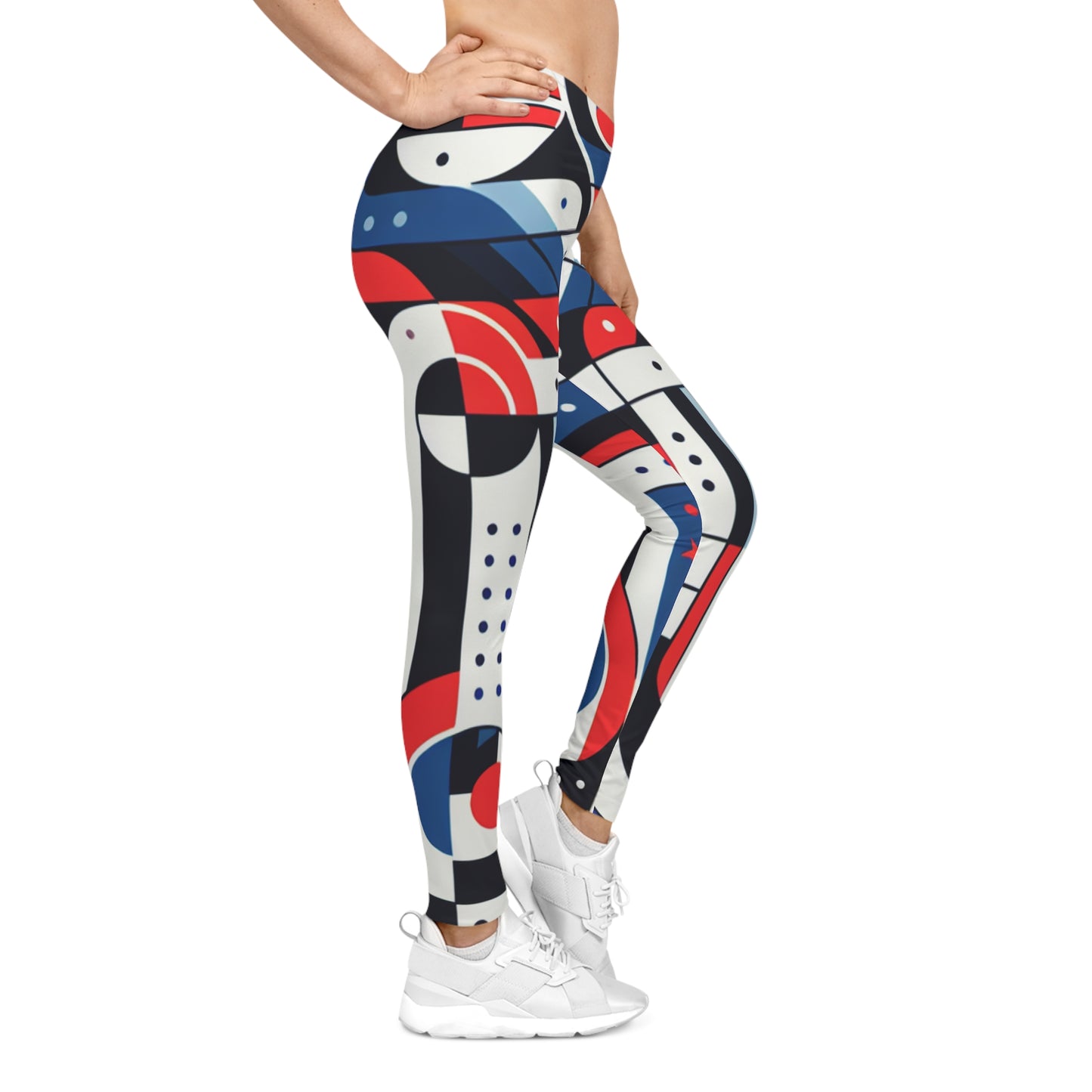 Red, white, and blue geometric tribal print leggings with all-over pattern, vibrant activewear by Printify.