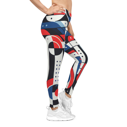 Red, white, and blue geometric tribal print leggings with all-over pattern, vibrant activewear by Printify.