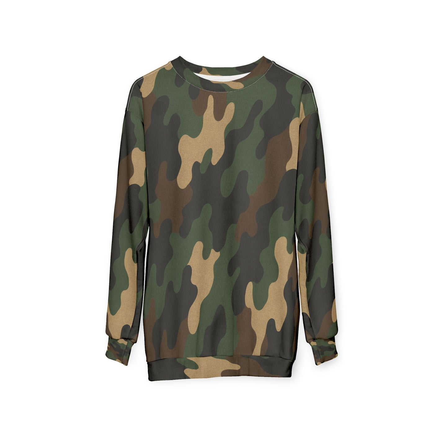 Camo all-over print sweatshirt by Printify featuring a full-body camouflage design on soft fabric.