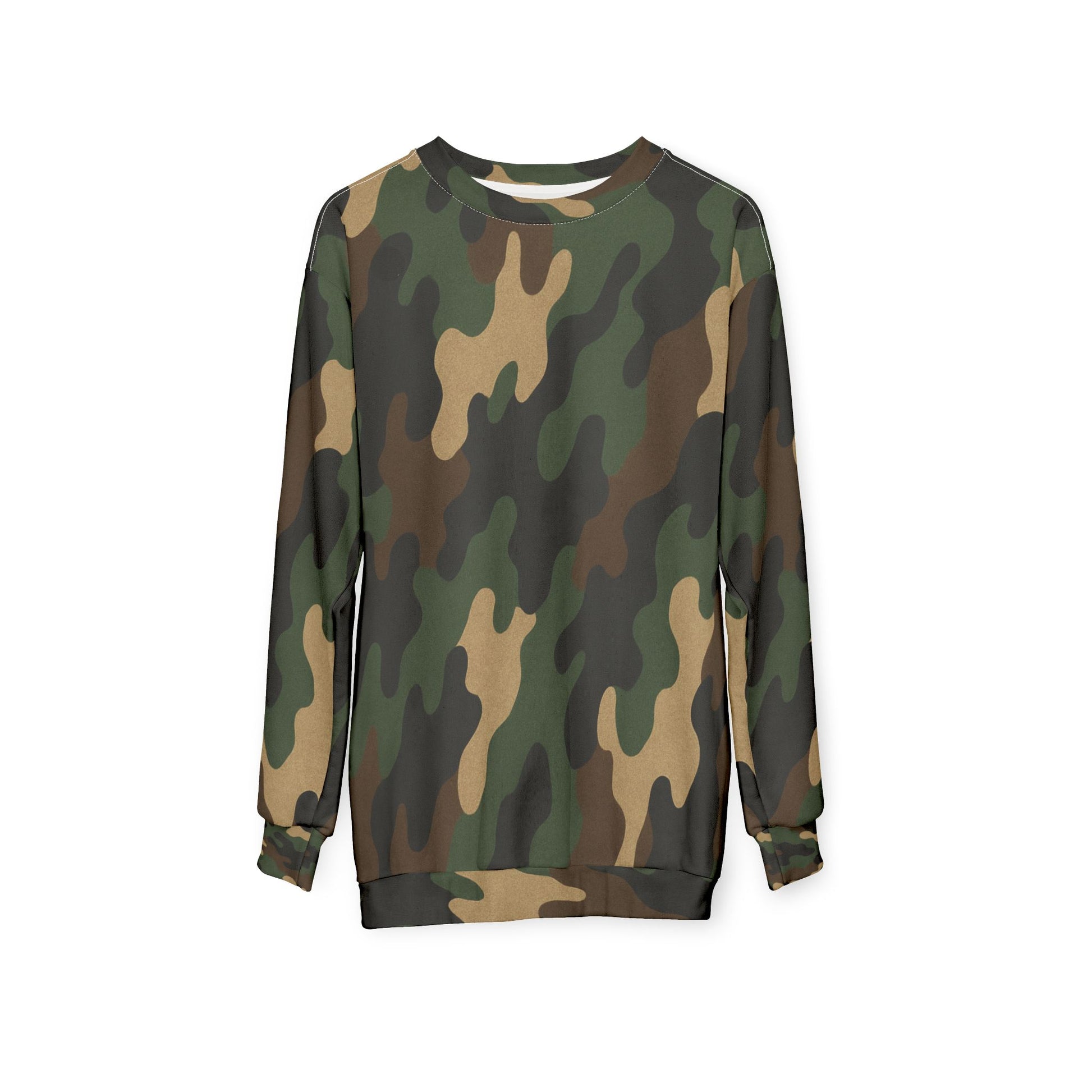 Camo all-over print sweatshirt by Printify featuring a full-body camouflage design on soft fabric.