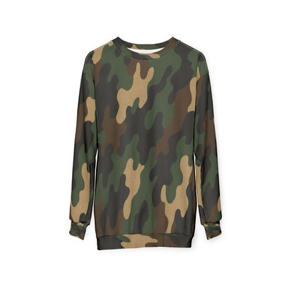 Camo all-over print sweatshirt by Printify featuring a full-body camouflage design on soft fabric.