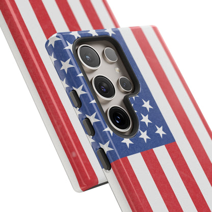 American flag tough phone case for iPhone and Samsung, patriotic protective cover with bold flag design by Printify.