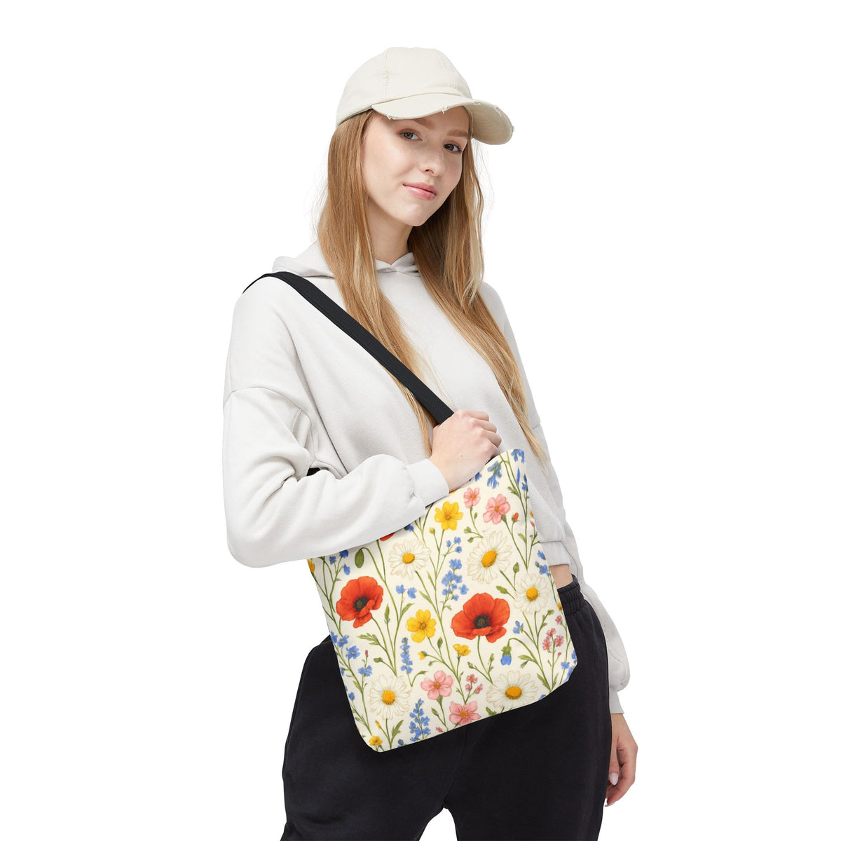 Wildflower Poppy print tote bag by Printify featuring a colorful floral all-over pattern on durable fabric.
