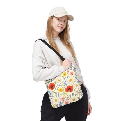 Wildflower Poppy print tote bag by Printify featuring a colorful floral all-over pattern on durable fabric.