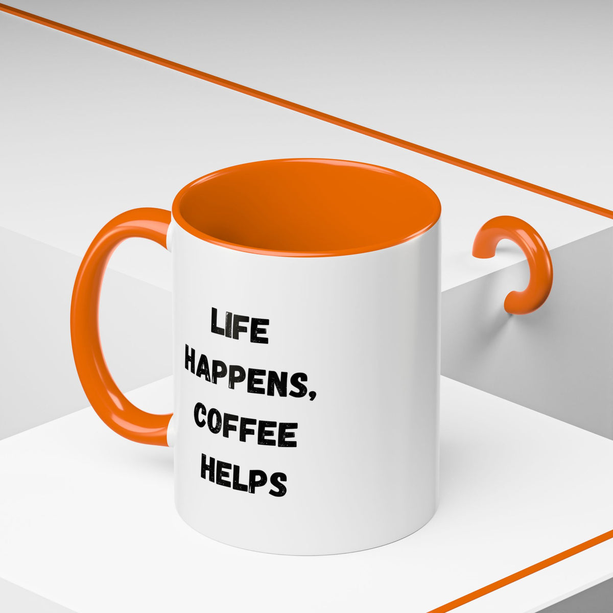 Black ceramic mug with "Life Happens, Coffee Helps" text, 11oz, with black handle and rim, by Printify.