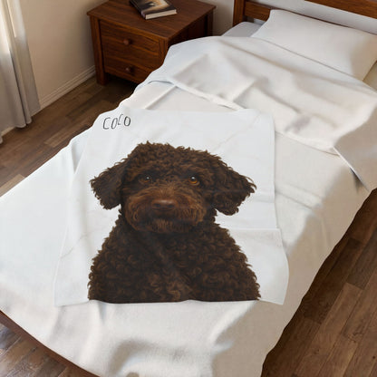 Custom brown Labradoodle portrait blanket with velveteen plush fabric, featuring all-over print design for cozy pet-themed decor.