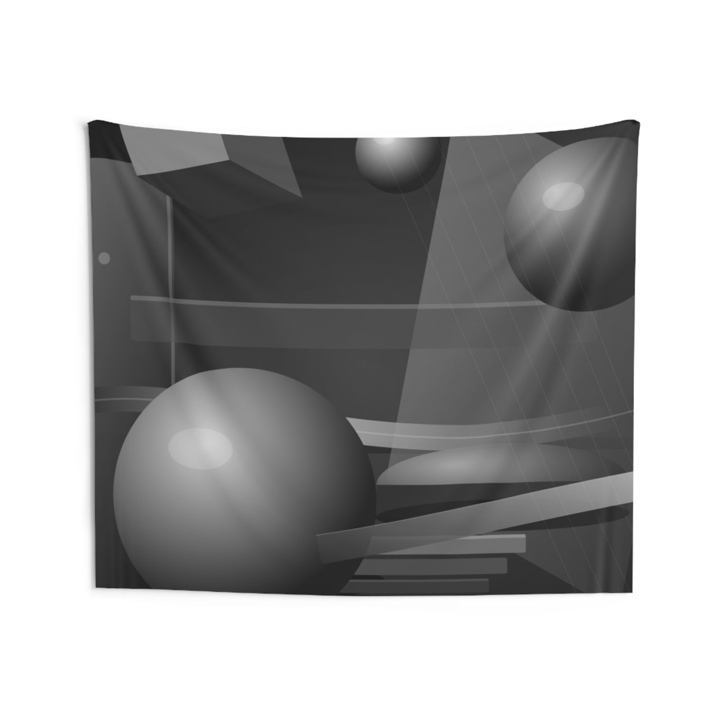 Abstract 3D Geometry Tapestry — Monochrome Floating Spheres & Cubes Wall Art
