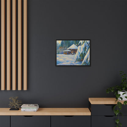 Framed matte canvas print of a snowy cabin winter landscape wall art by Printify, showcasing a serene snow-covered cabin scene.