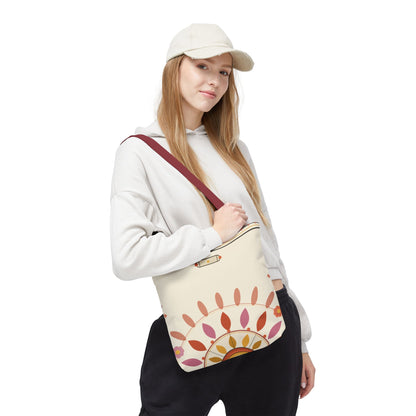 Boho floral mandala tote bag with pastel sunburst pattern, featuring vibrant floral and geometric design on canvas.
