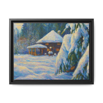 Framed matte canvas wall art featuring a snowy cabin winter landscape, perfect for cozy home decor.