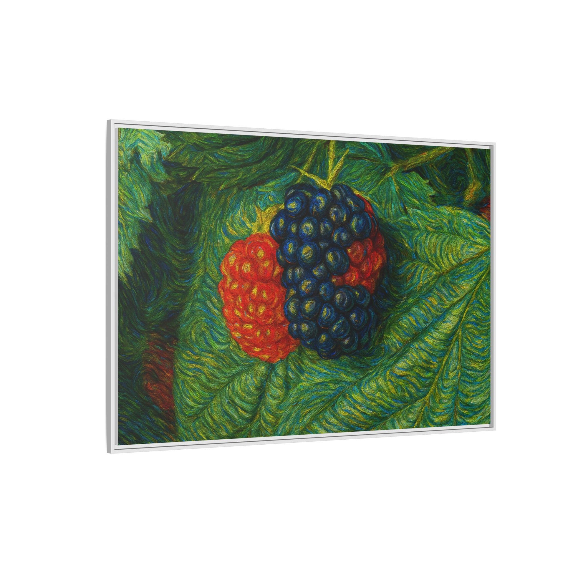 Blackberry still life framed canvas print by Printify featuring a detailed, vibrant depiction of ripe blackberries on a white background.