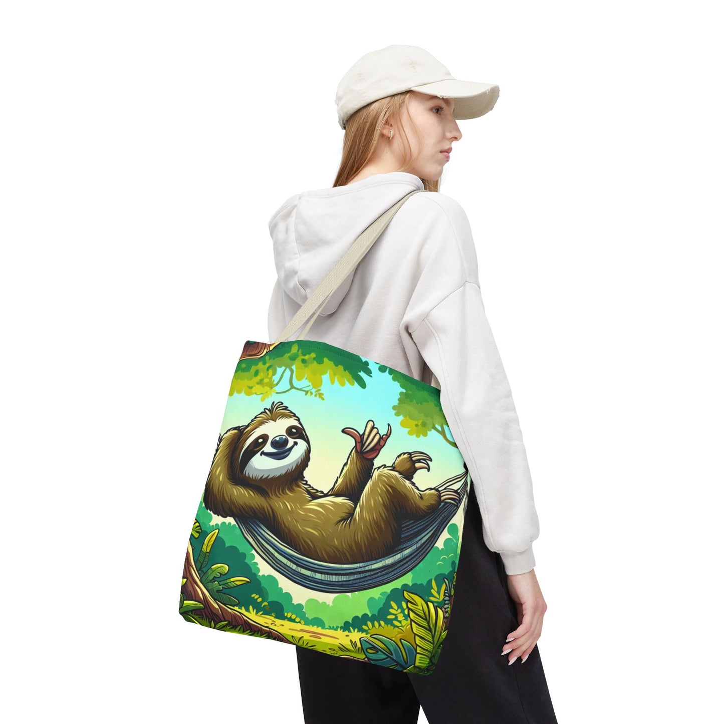 Eco-friendly sloth tote bag featuring a cute sloth design, perfect for animal lovers, made by Printify.