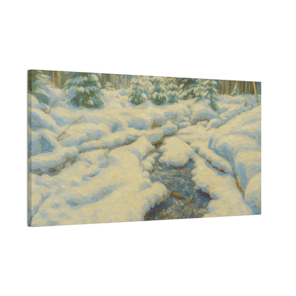 Winter landscape canvas wall art featuring a snowy forest and stream, printed by Printify on a stretched canvas.