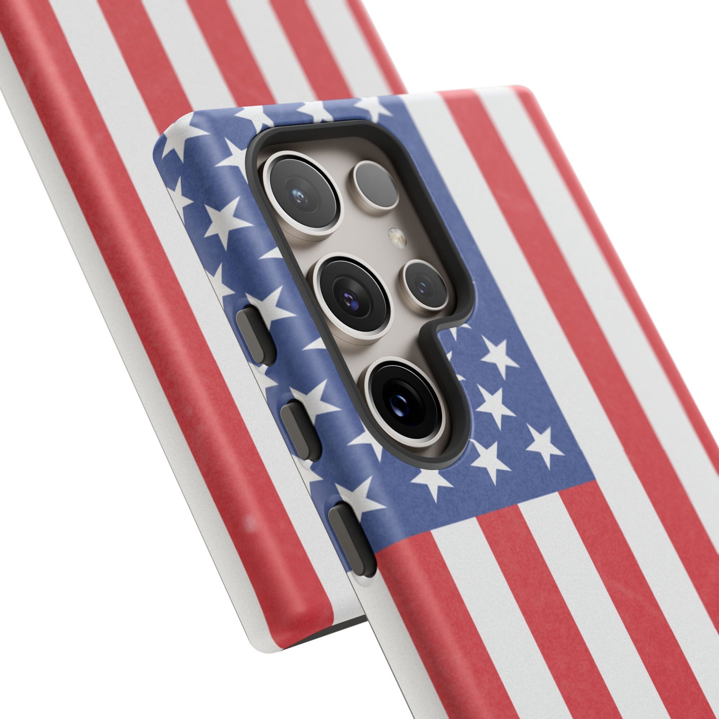 American flag tough phone case for iPhone and Samsung, patriotic protective cover with bold flag design, durable and slip-resistant.
