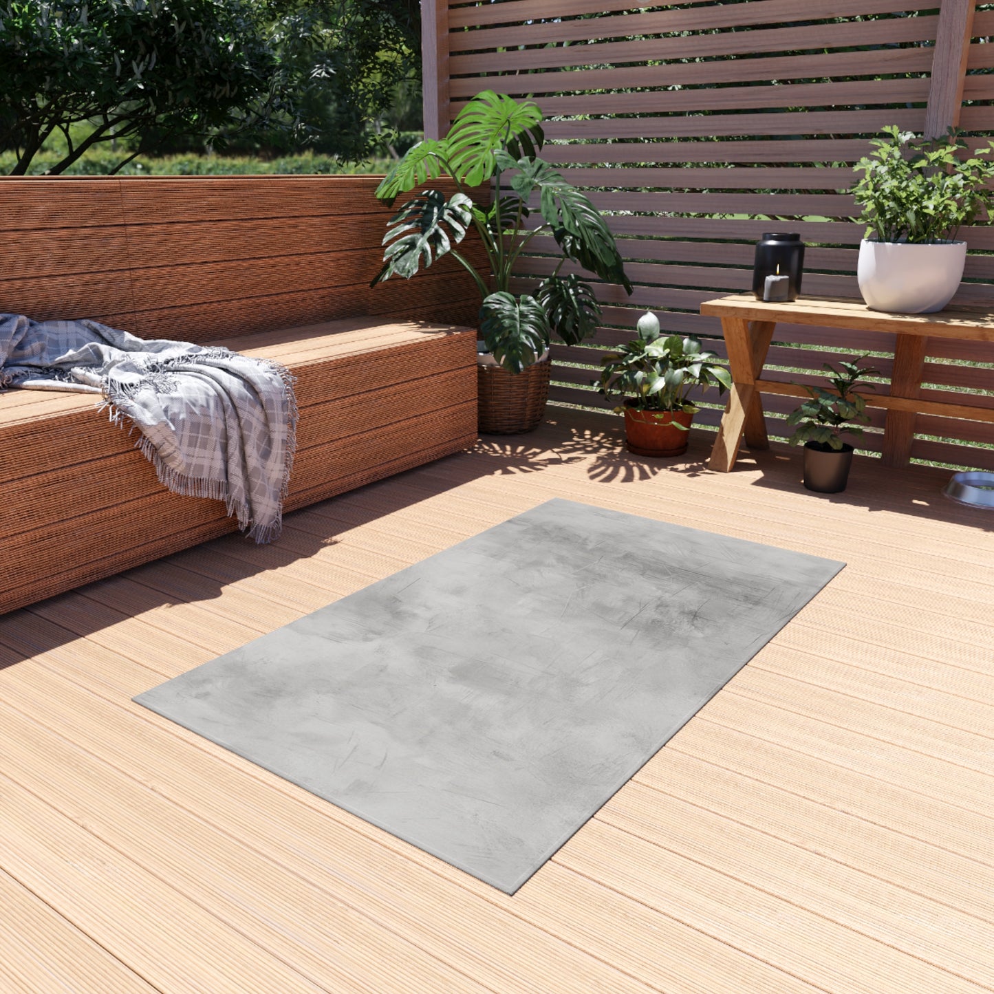 Modern gray outdoor rug by Printify, suitable for patios and decks, showcasing a stylish indoor-outdoor flooring design.