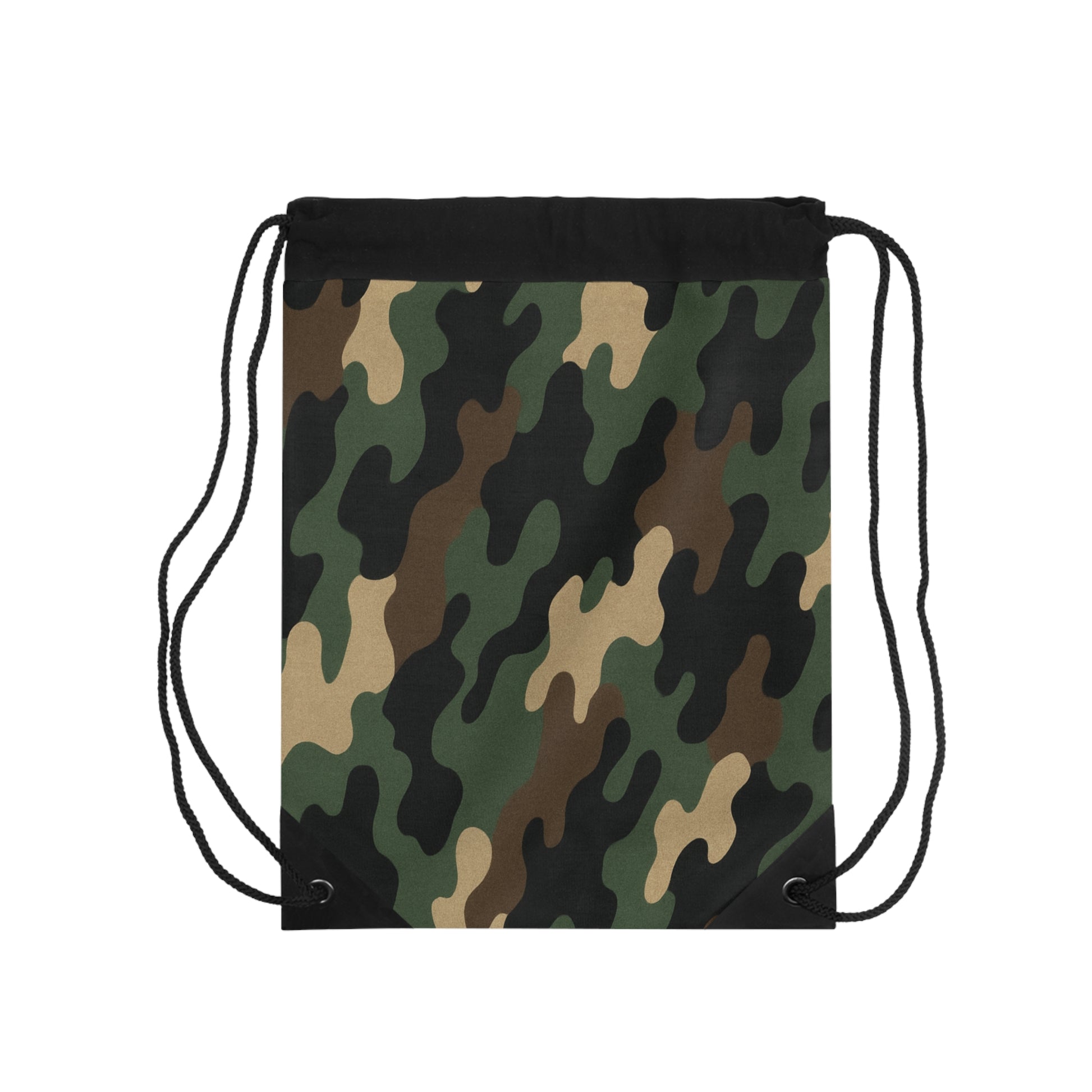 Green woodland camo drawstring bag with black straps, lightweight gym sack, ideal for sports or casual use, by Printify.