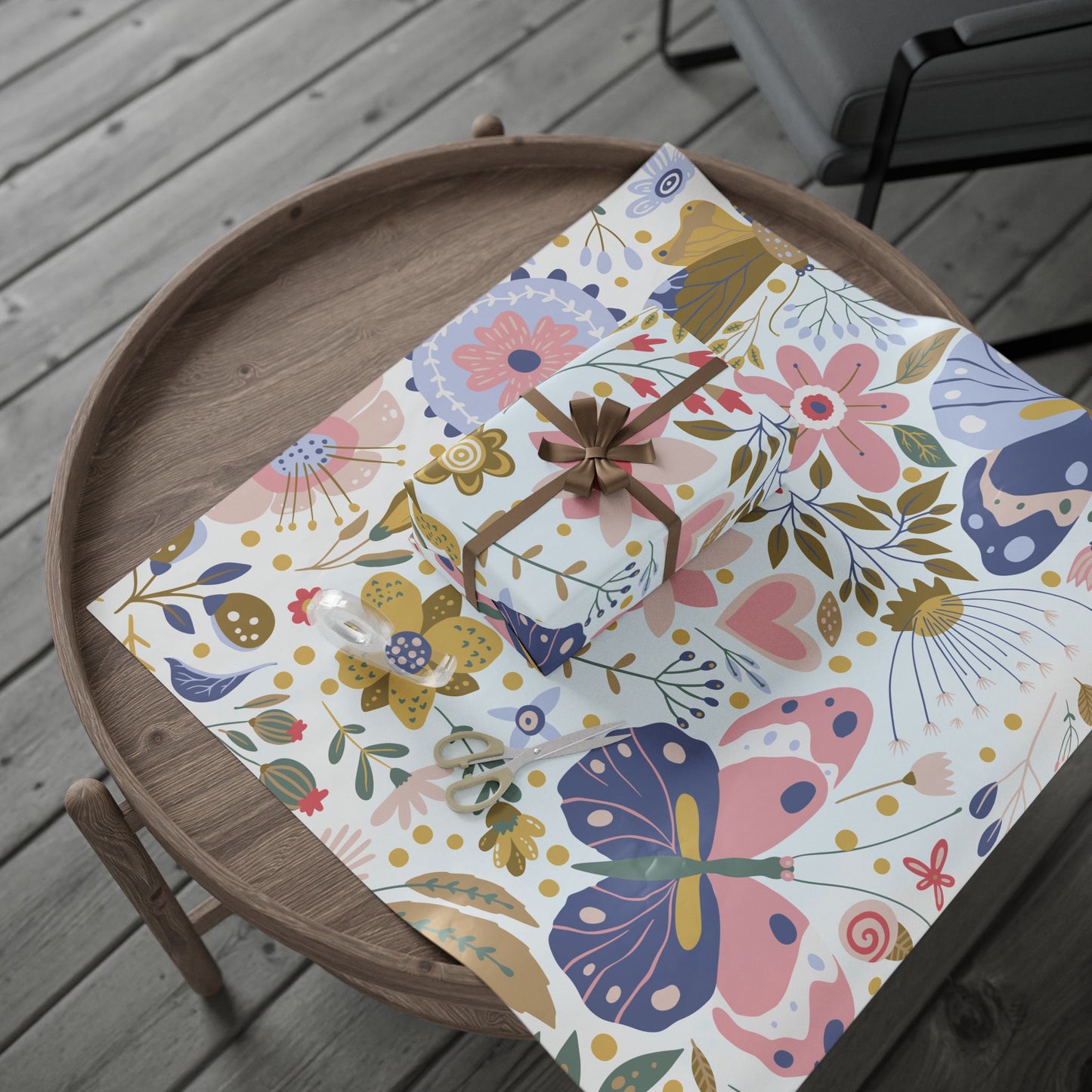Floral Butterfly Wrapping Paper Roll — Elegant Blue & Gold Garden Gift Wrap