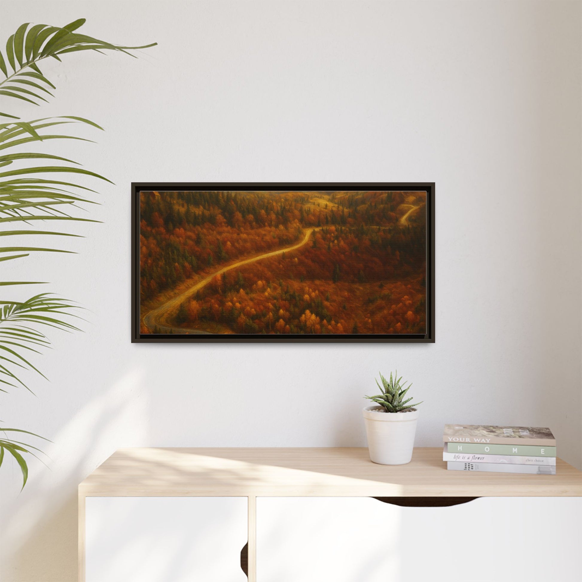 Framed matte canvas print of autumn forest road landscape wall art by Printify, featuring vibrant fall trees and nature scene.