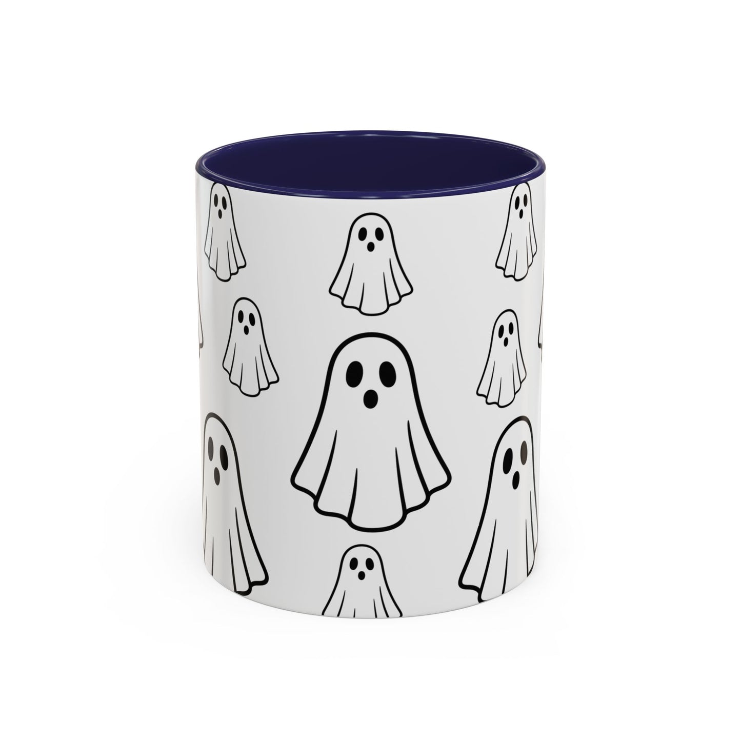 Printify ghost pattern accent coffee mug with cute Halloween design, ceramic material, available in 11oz and 15oz sizes.
