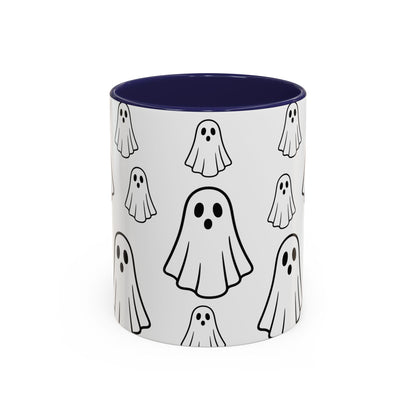 Printify ghost pattern accent coffee mug with cute Halloween design, ceramic material, available in 11oz and 15oz sizes.