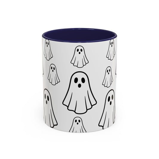 Printify ghost pattern accent coffee mug with cute Halloween design, ceramic material, available in 11oz and 15oz sizes.