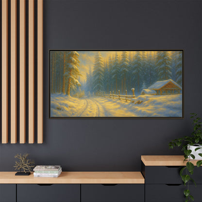 Framed winter cabin canvas print featuring a snowy forest sunset, wall art by Printify showcasing a serene winter landscape.