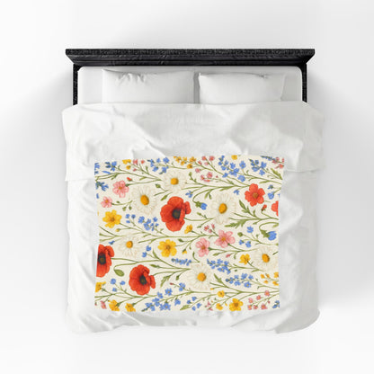 Velvet plush blanket with all-over poppy daisy floral print, Wildflower Meadow design by Printify, soft and cozy throw blanket.