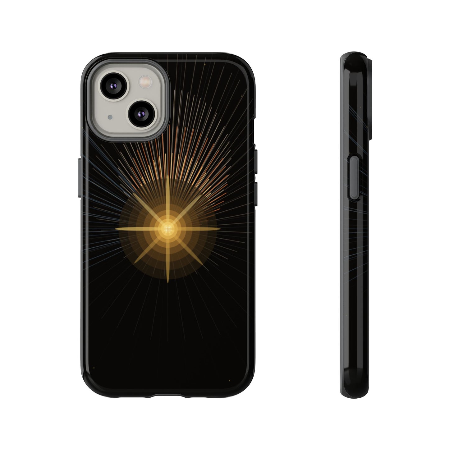 Tough Cases - Radiant Star Phone Case, Protective Black Shockproof Cover with Golden Light Design