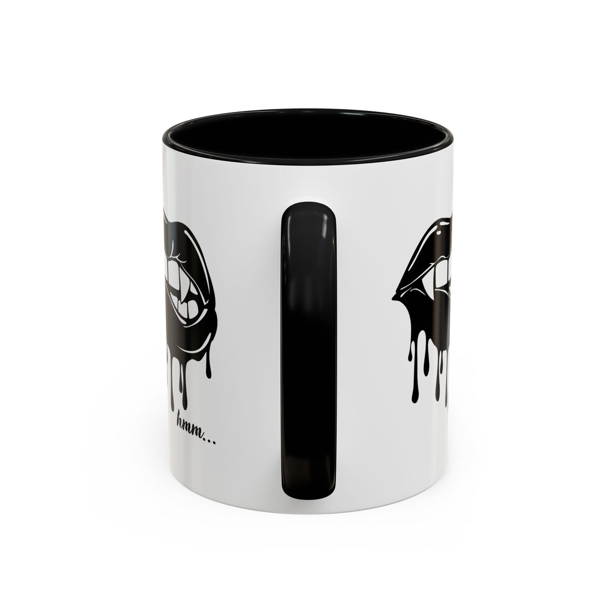 Black Dripping Lips accent coffee mug with bite graphic, available in 11oz and 15oz sizes, by Printify.