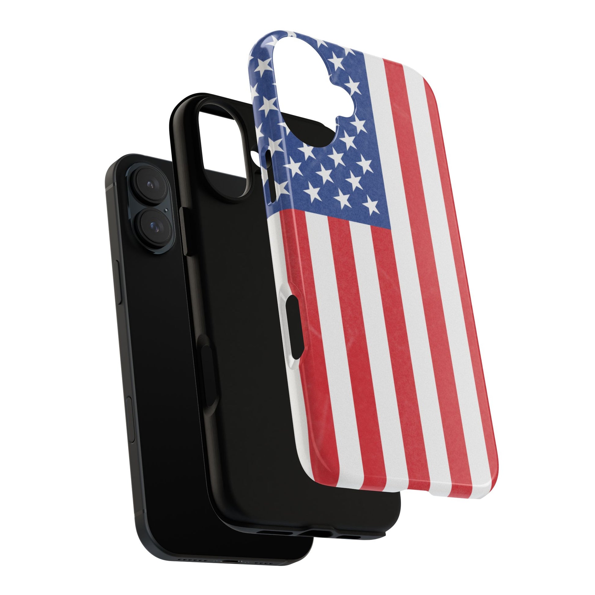 American flag tough phone case for iPhone and Samsung, patriotic protective cover with bold flag design by Printify.