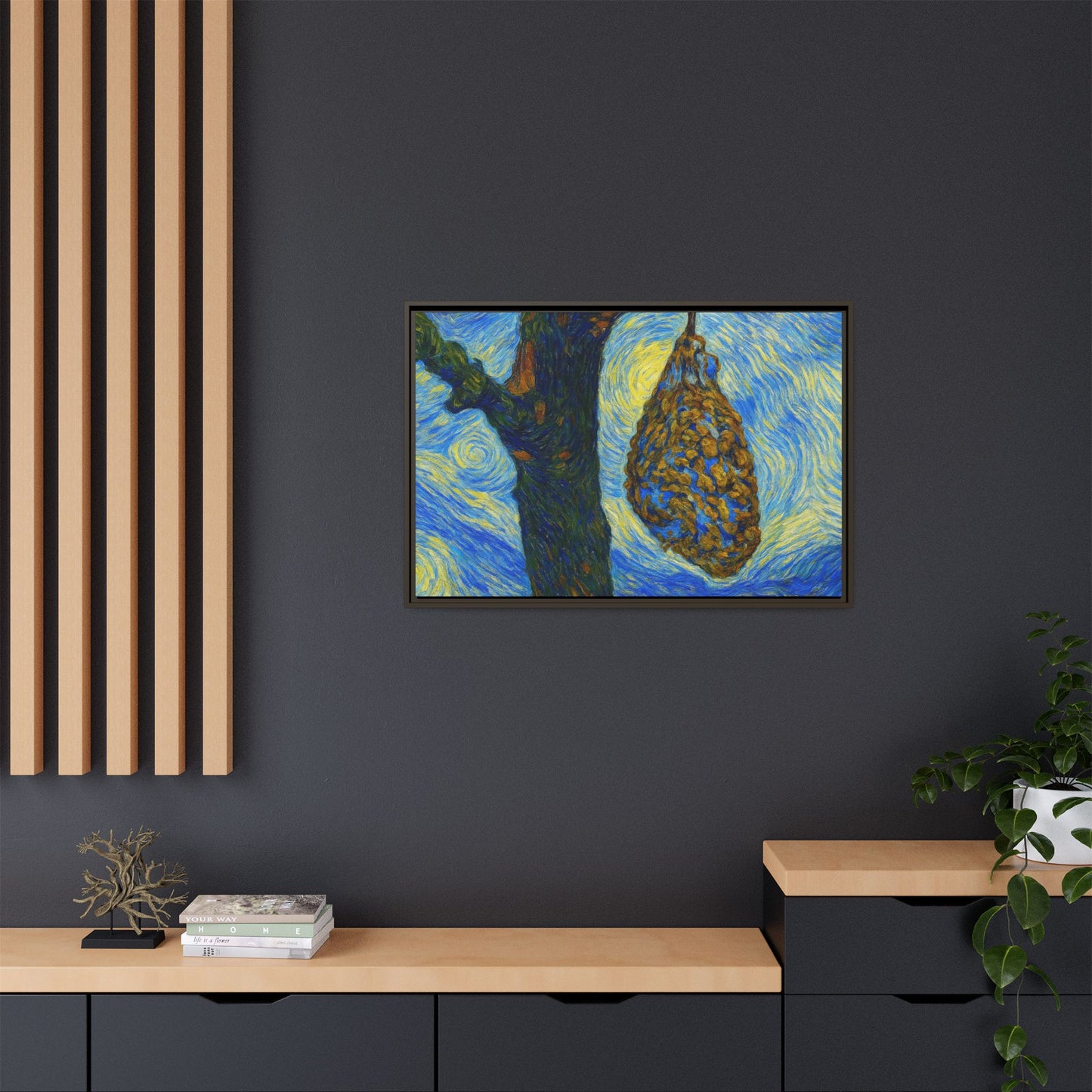 Framed matte canvas art featuring a starry nut cluster with dried plum in a tree, by Printify, on a neutral background.