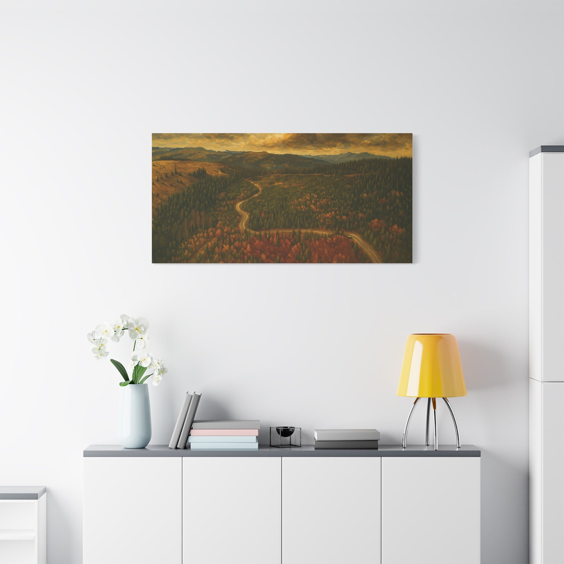 Autumn Ridge Road matte stretched canvas featuring a moody forest landscape wall art by Printify.