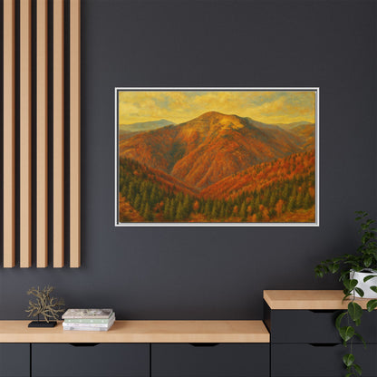 Autumn mountain matte canvas framed wall art by Printify showing a scenic mountain landscape in warm autumn colors