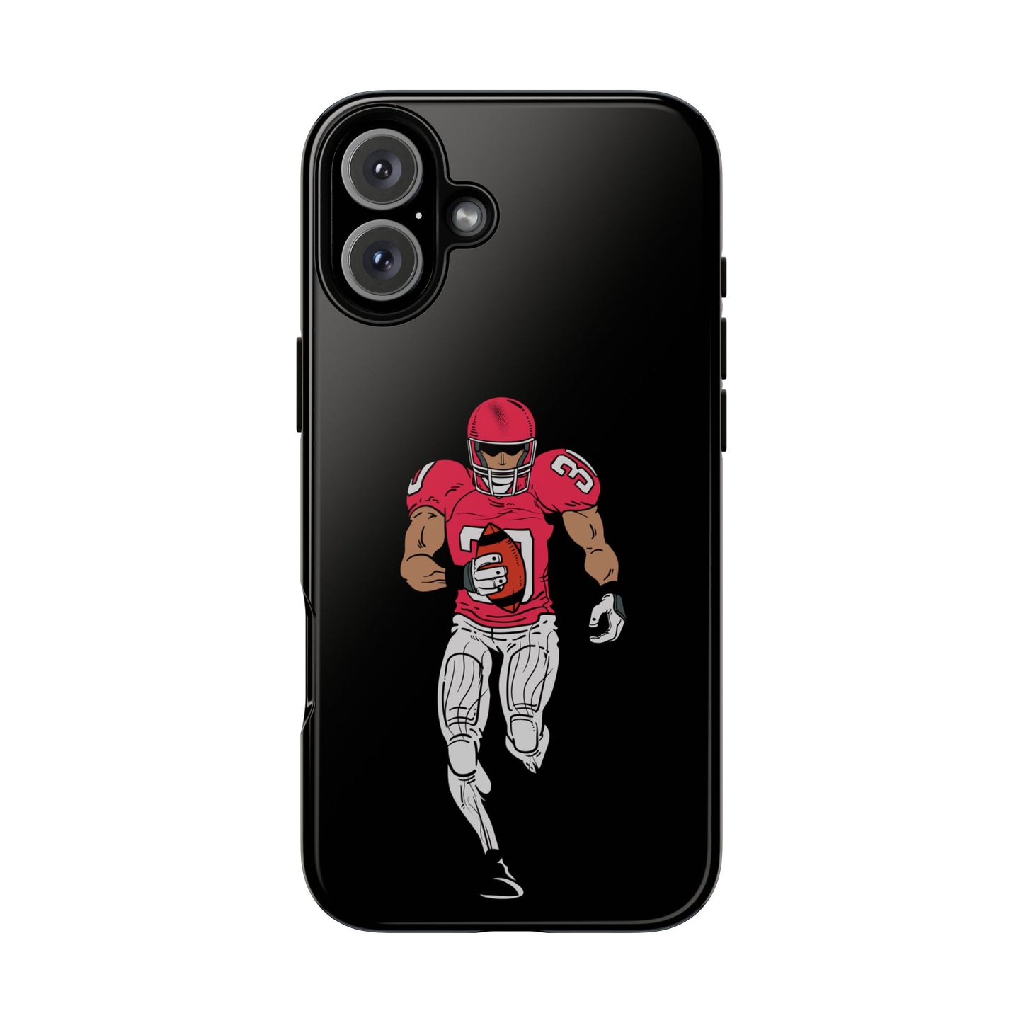 Black football player tough phone case for iPhone, durable protective sports phone case by Printify with athletic design.