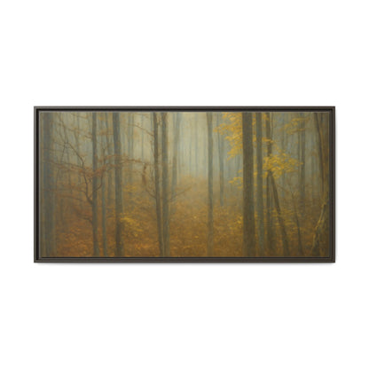 Framed matte canvas wall art of a misty autumn forest with trees and fall foliage by Printify.