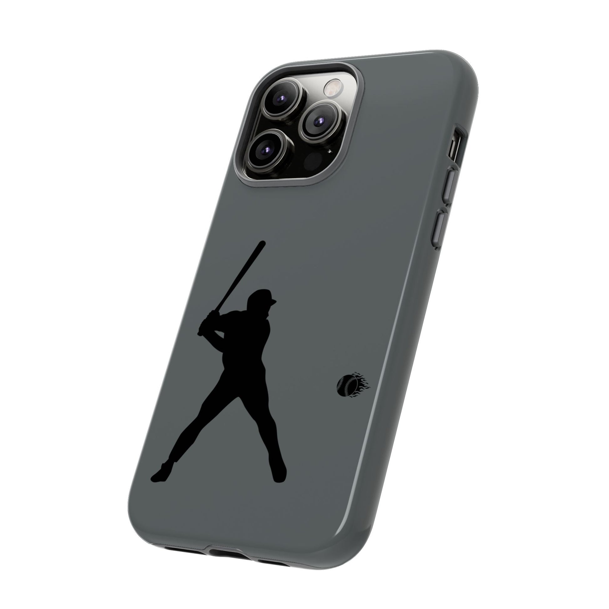 Black phone case with baseball silhouette design, durable protective cover for iPhone, by Printify.