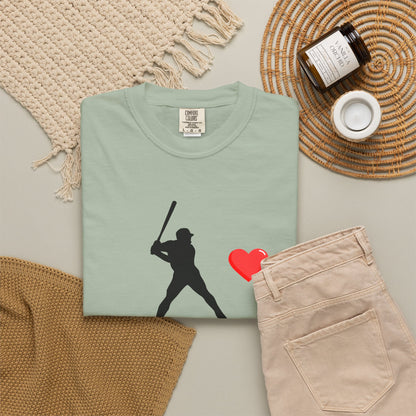 Printify baseball batter heart T-shirt displaying a graphic design with a baseball player and heart motif on a casual tee.