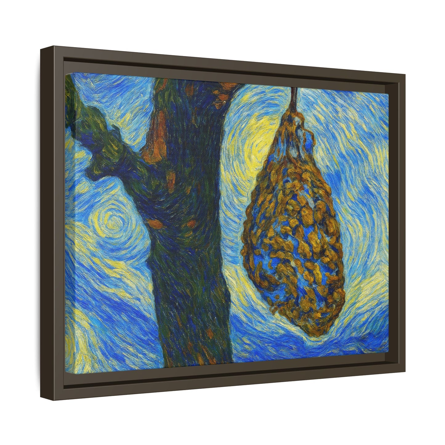 Framed matte canvas art of a starry nut cluster with dried plum in a tree, by Printify, showcasing detailed botanical artwork.
