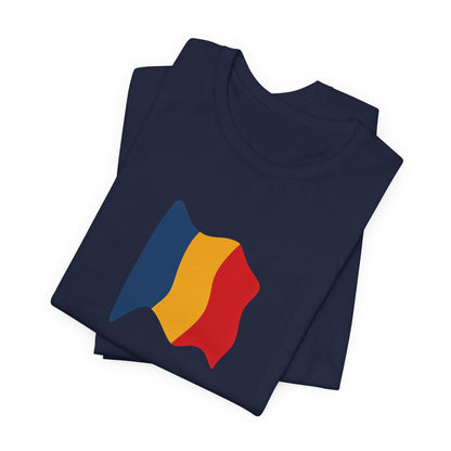 Romania flag T-shirt with a minimal waving tricolor design, made by Printify, featuring the Romanian national colors on soft fabric.